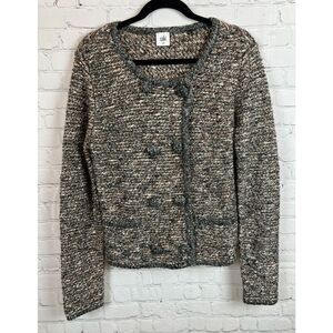 CABI beige gray melange knit boucle style cardigan sweater jacket blazer size M